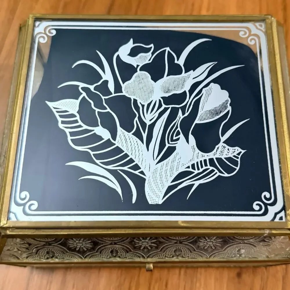 Vintage Brass Glass Box Mirror Floral Textured Side Footed Chain Latch 7 x 6 x 4